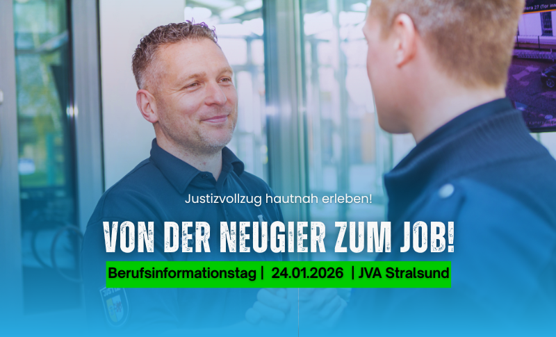 Ein Justizvollzugsbeamter in Uniform begrüßt eine Person per Handschlag. Text im Bild: „Von der Neugier zum Job.