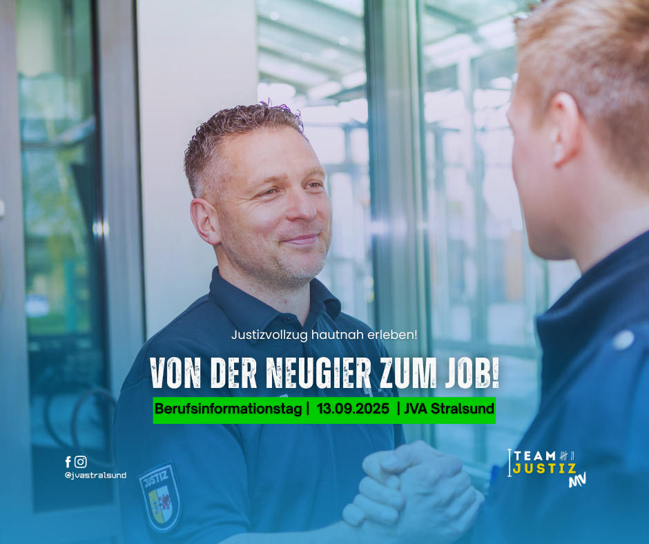 Ein Justizvollzugsbeamter in Uniform begrüßt eine Person per Handschlag. Text im Bild: „Von der Neugier zum Job."