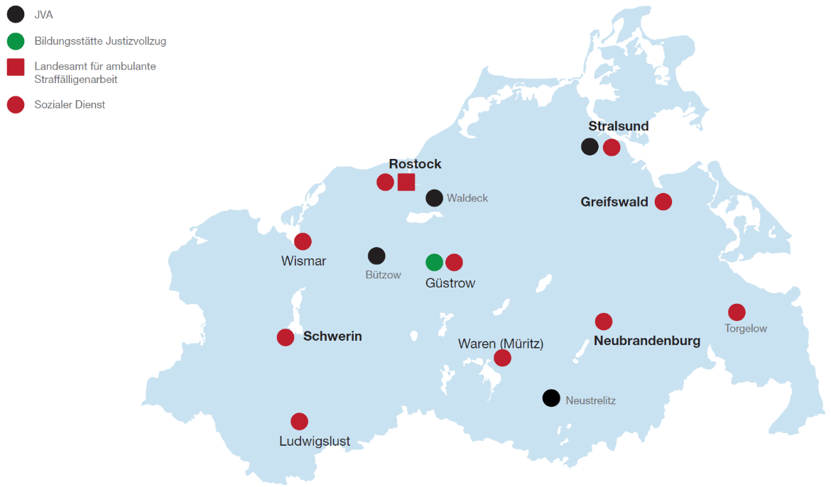 Übersichtskarte der Standorte für Straffälligenarbeit in Mecklenburg-Vorpommern